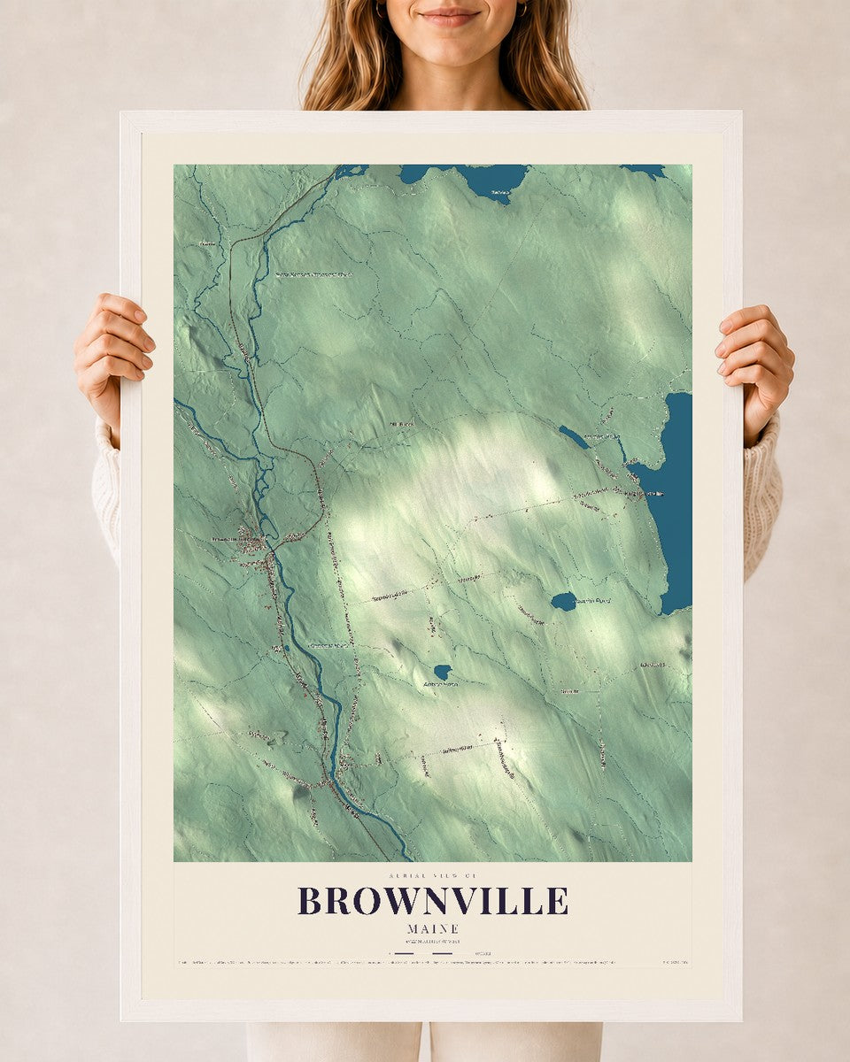 Brownville, Maine map print - 24 x 36 white Ayous wood frame