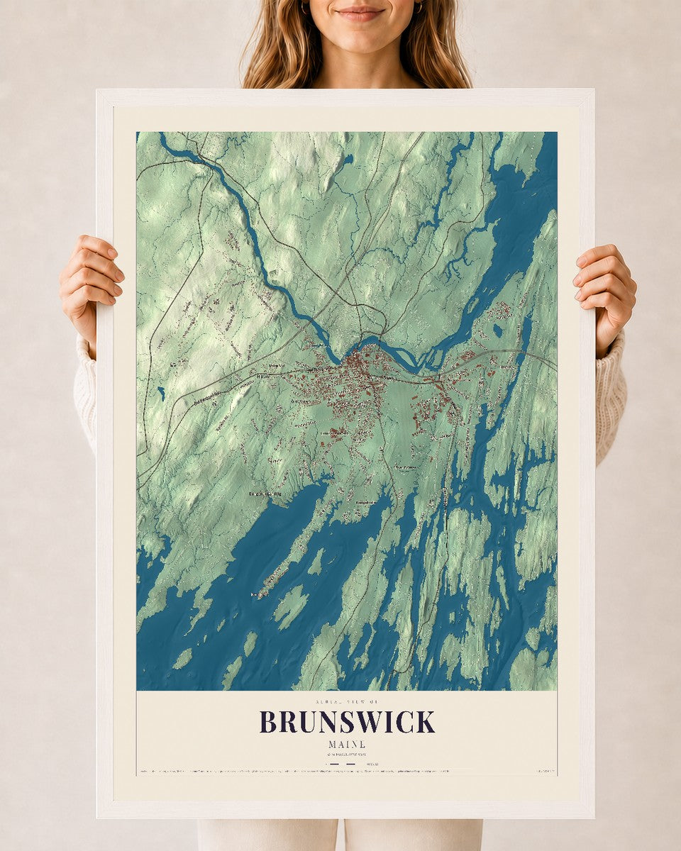 Brunswick, Maine map print - 24 x 36 white Ayous wood frame
