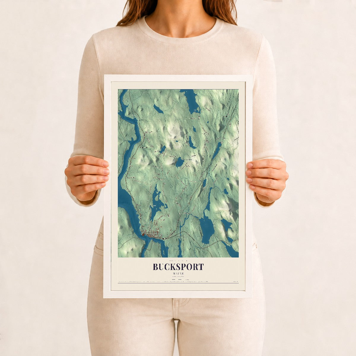 Bucksport, Maine map print - 12 x 18 white Ayous wood frame