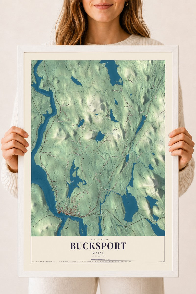 Bucksport, Maine map print - 18 x 24 white Ayous wood frame