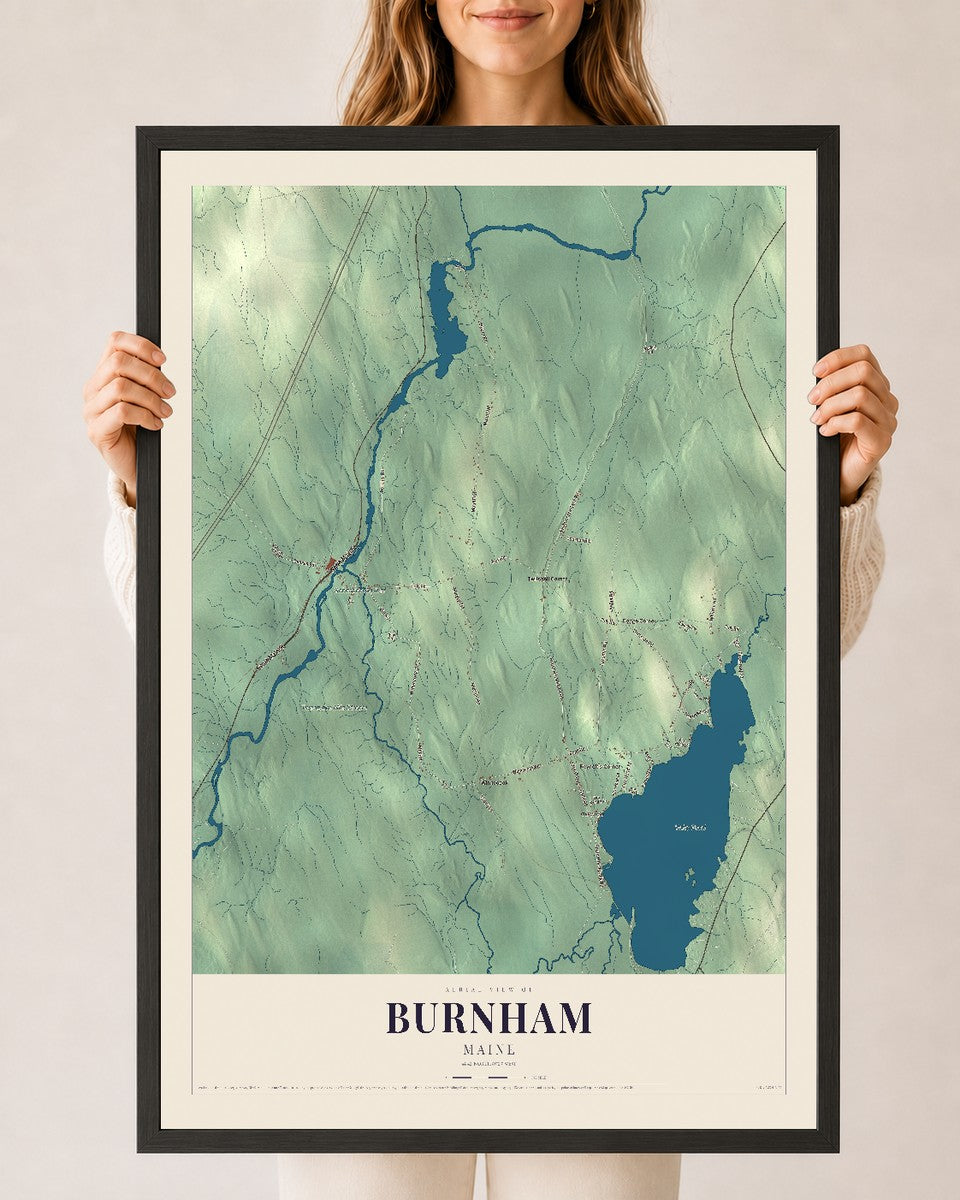 Burnham, Maine map print - 24 x 36 black Ayous wood frame