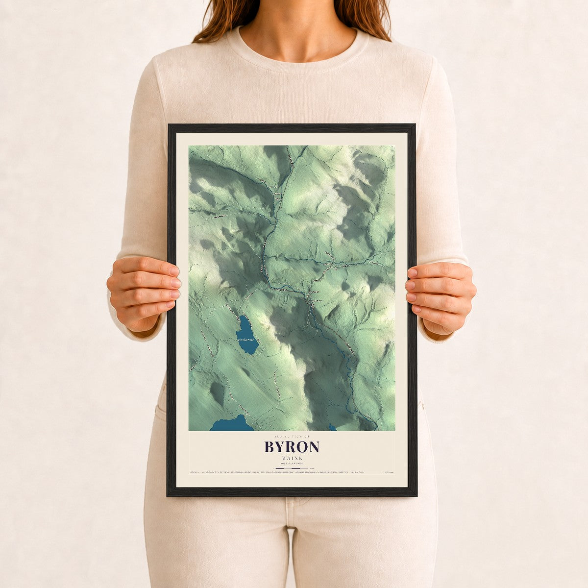 Byron, Maine map print - 12 x 18 black Ayous wood frame