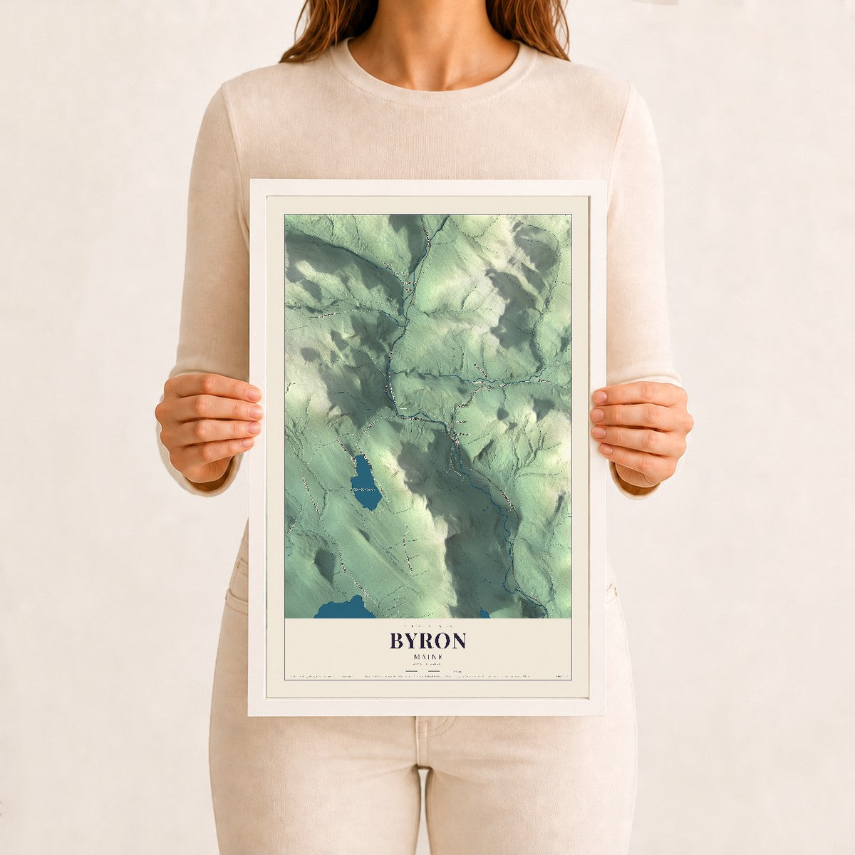 Byron, Maine map print - 12 x 18 white Ayous wood frame