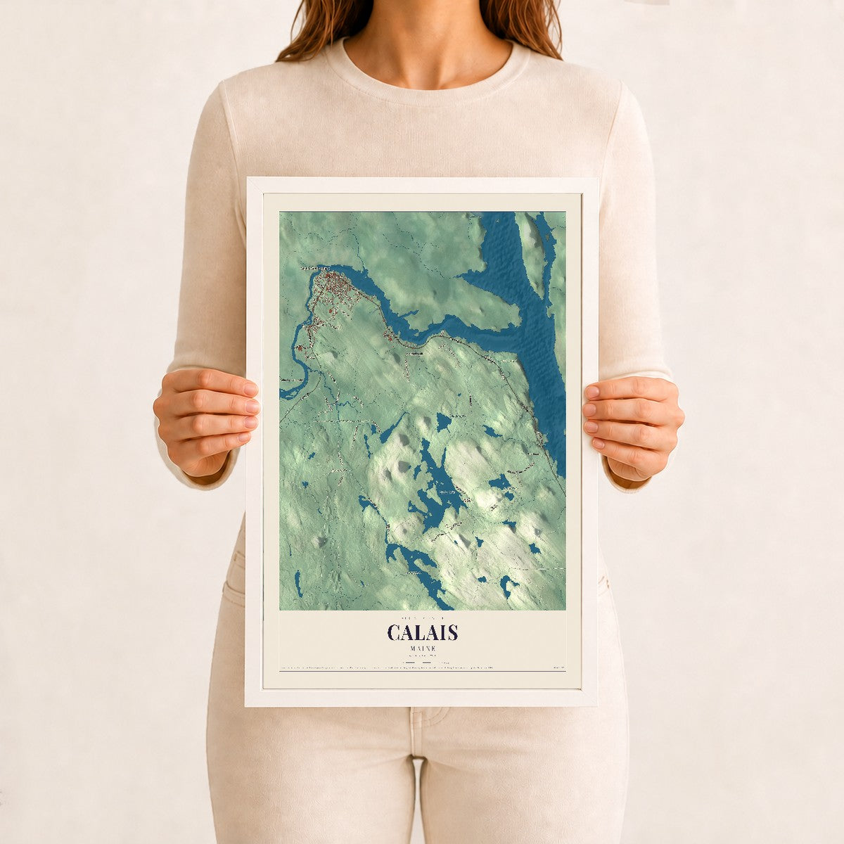 Calais, Maine map print - 12 x 18 white Ayous wood frame