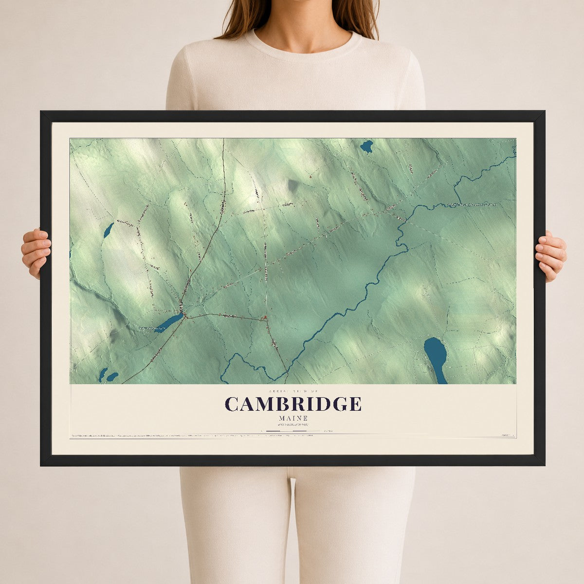 Cambridge, Maine map print - 24 x 36 black Ayous wood frame