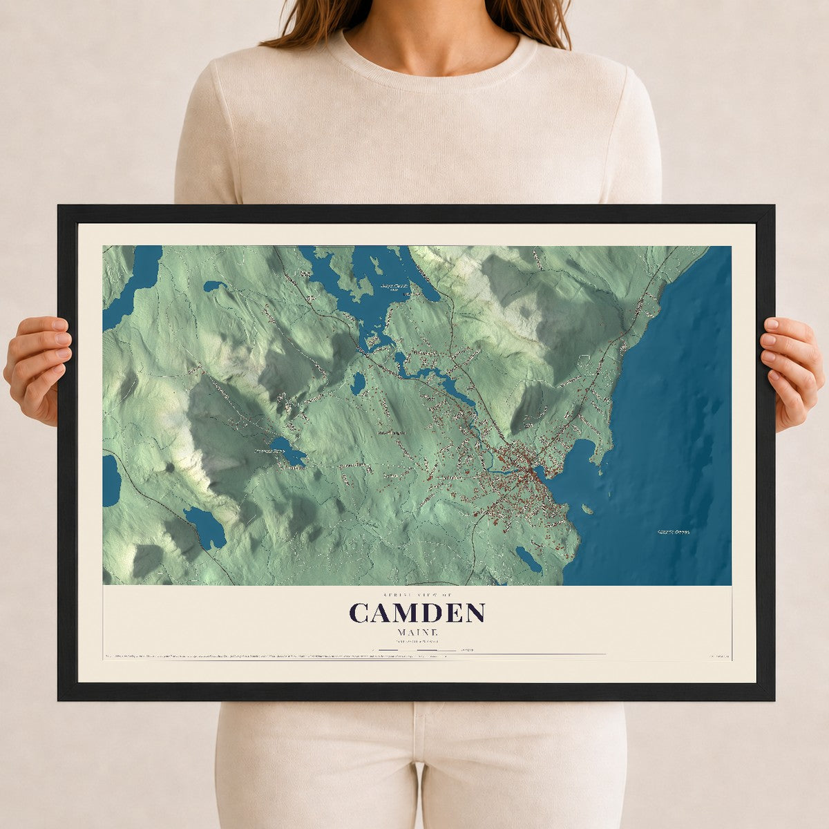 Camden, Maine map print - 12 x 18 black Ayous wood frame