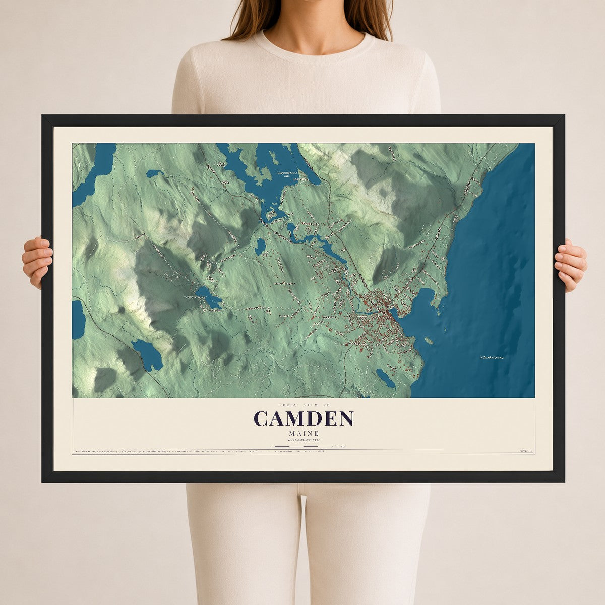 Camden, Maine map print - 24 x 36 black Ayous wood frame