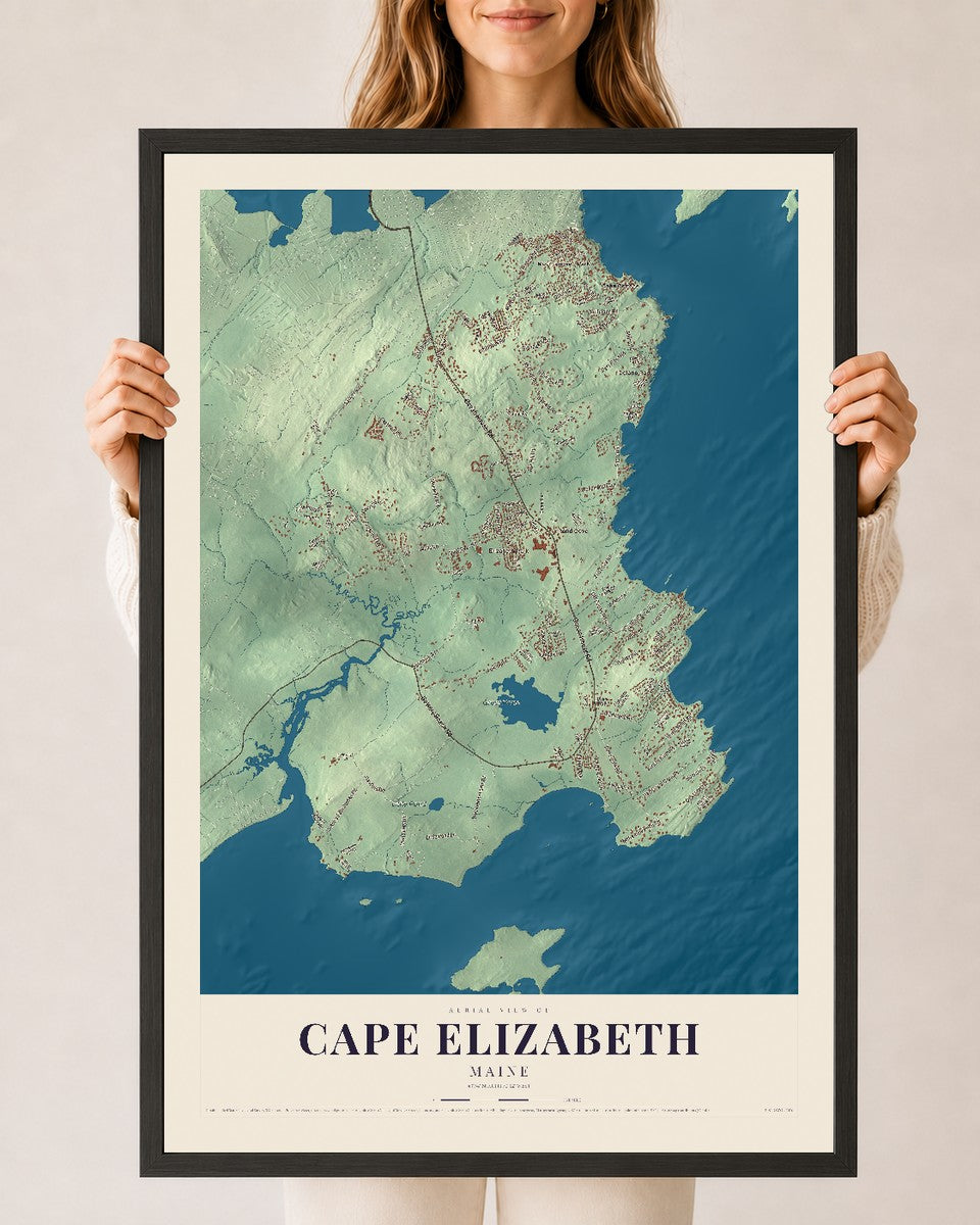 Cape Elizabeth, Maine map print - 24 x 36 black Ayous wood frame