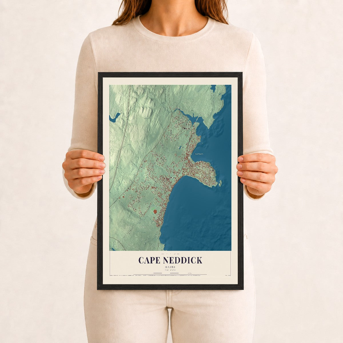 Cape Neddick, Maine map print - 12 x 18 black Ayous wood frame