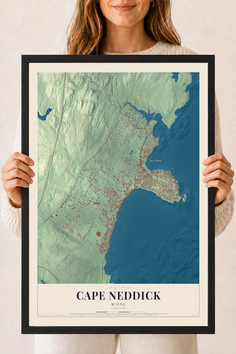 Cape Neddick, Maine map print - 18 x 24 black Ayous wood frame
