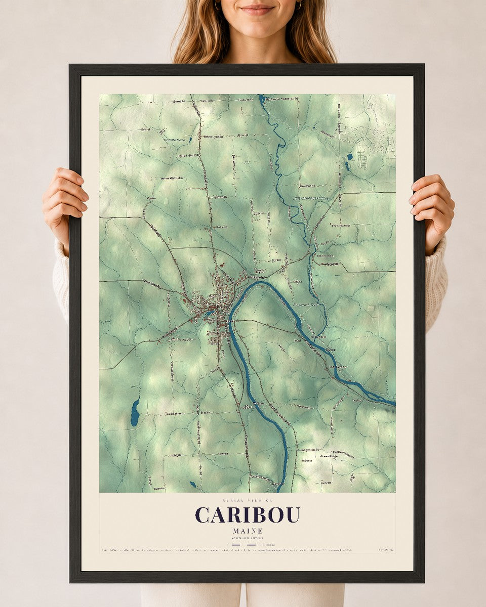 Caribou, Maine map print - 24 x 36 black Ayous wood frame