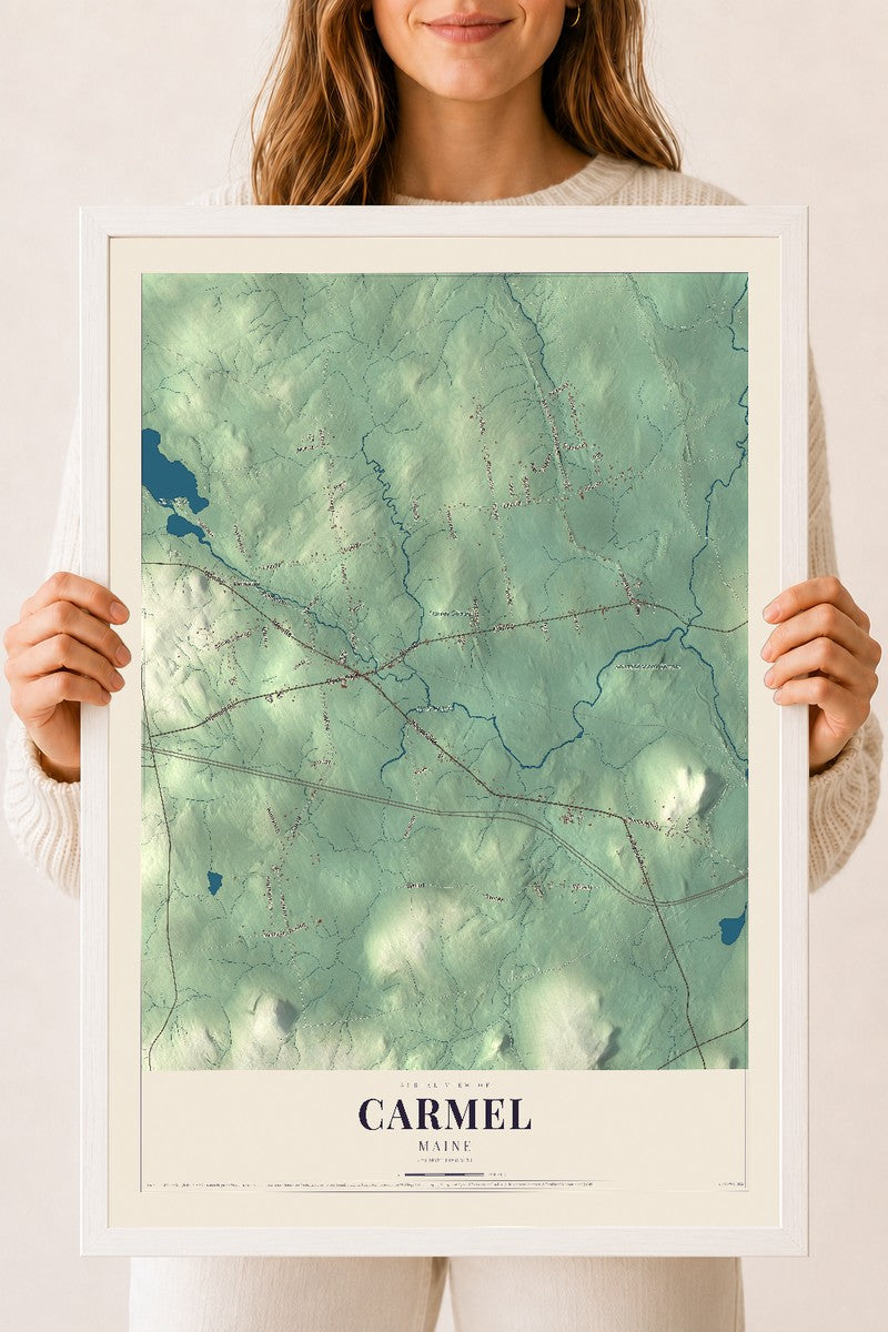 Carmel, Maine map print - 18 x 24 white Ayous wood frame