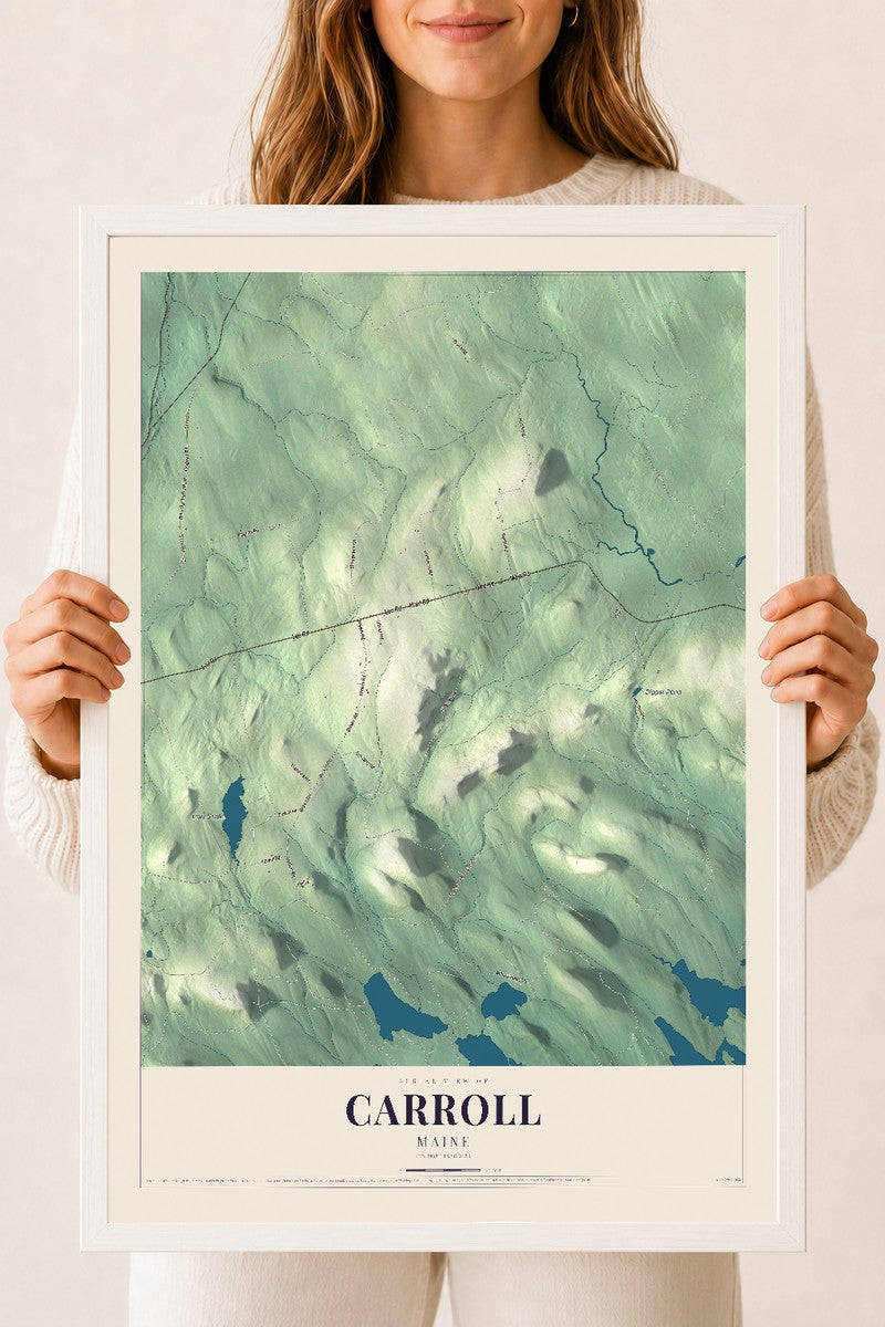 Carroll, Maine map print - 18 x 24 white Ayous wood frame