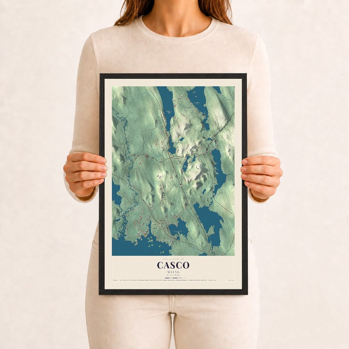 Casco, Maine map print - 12 x 18 black Ayous wood frame