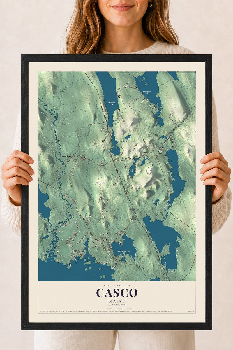 Casco, Maine map print - 18 x 24 black Ayous wood frame