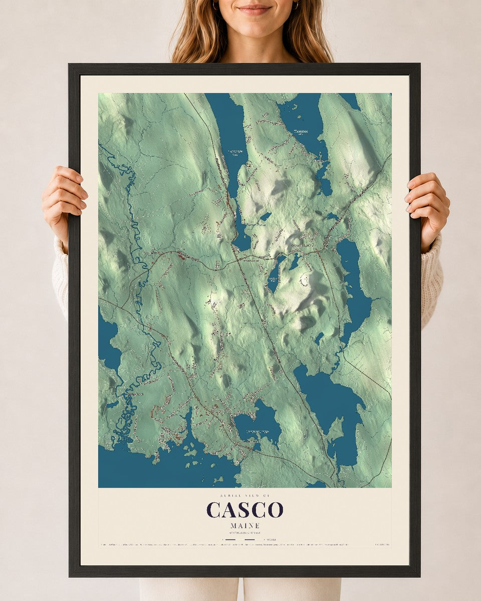 Casco, Maine map print - 24 x 36 black Ayous wood frame
