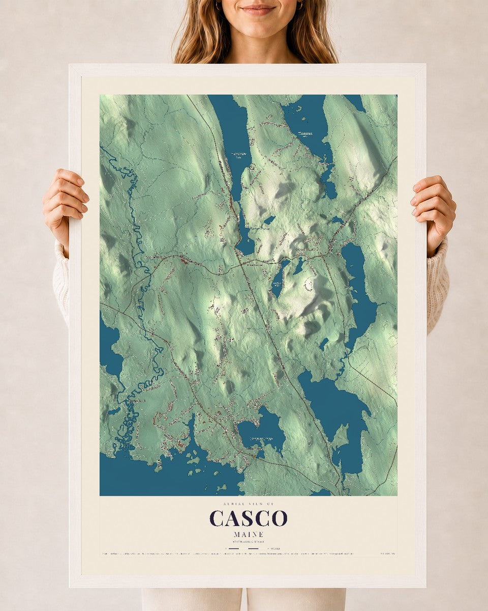 Casco, Maine map print - 24 x 36 white Ayous wood frame