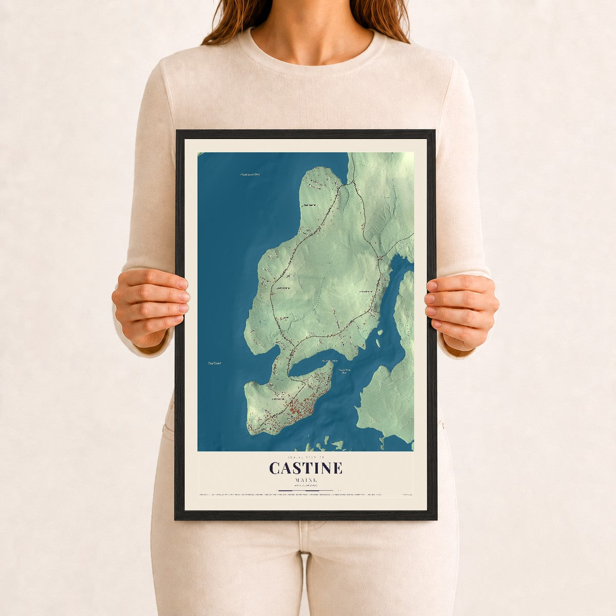 Castine, Maine map print - 12 x 18 black Ayous wood frame