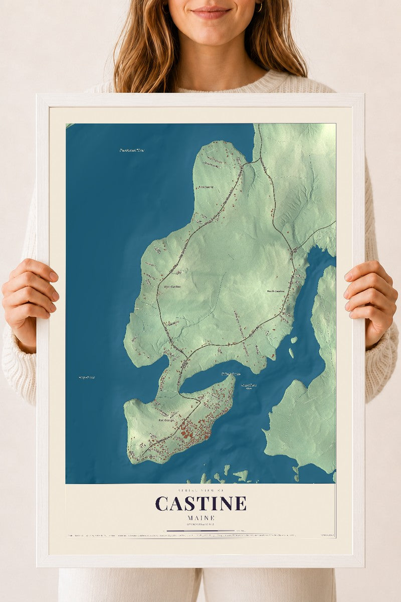 Castine, Maine map print - 18 x 24 white Ayous wood frame