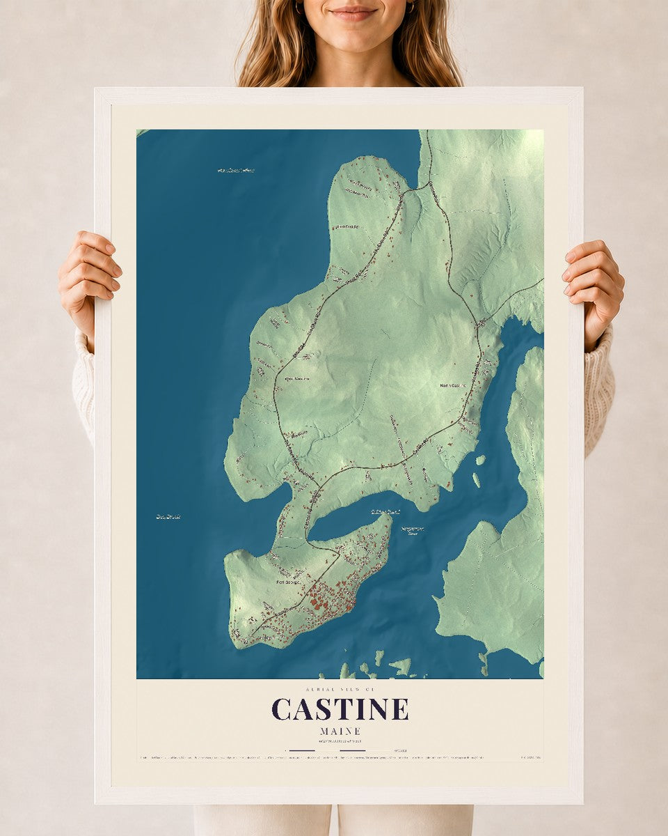 Castine, Maine map print - 24 x 36 white Ayous wood frame