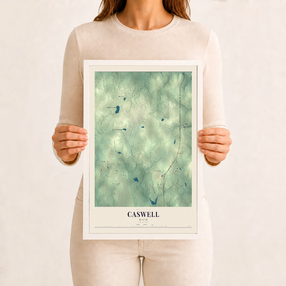 Caswell, Maine map print - 12 x 18 white Ayous wood frame