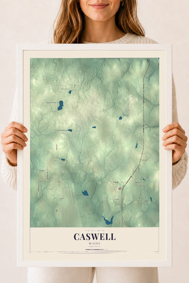 Caswell, Maine map print - 18 x 24 white Ayous wood frame