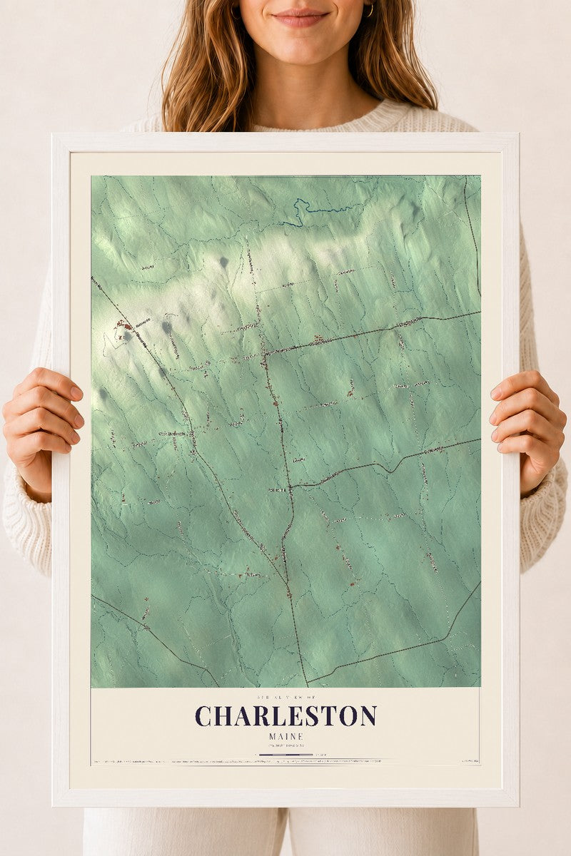 Charleston, Maine map print - 18 x 24 white Ayous wood frame