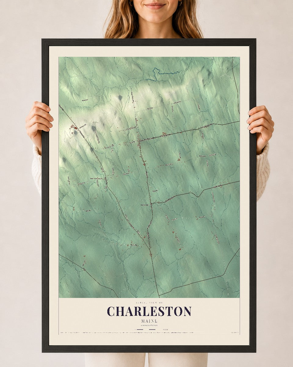 Charleston, Maine map print - 24 x 36 black Ayous wood frame