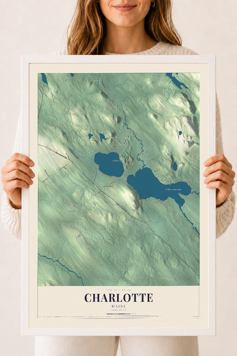 Charlotte, Maine map print - 18 x 24 white Ayous wood frame