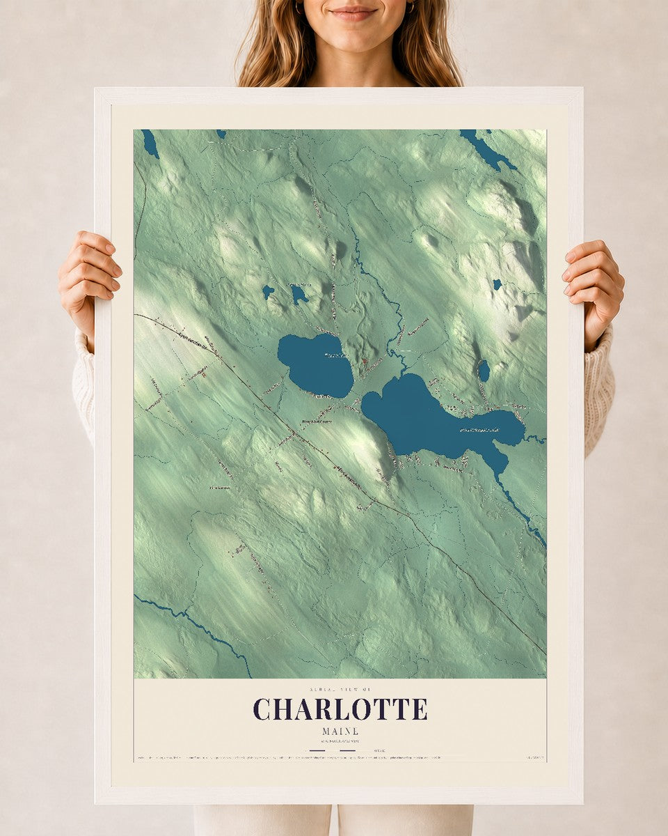 Charlotte, Maine map print - 24 x 36 white Ayous wood frame