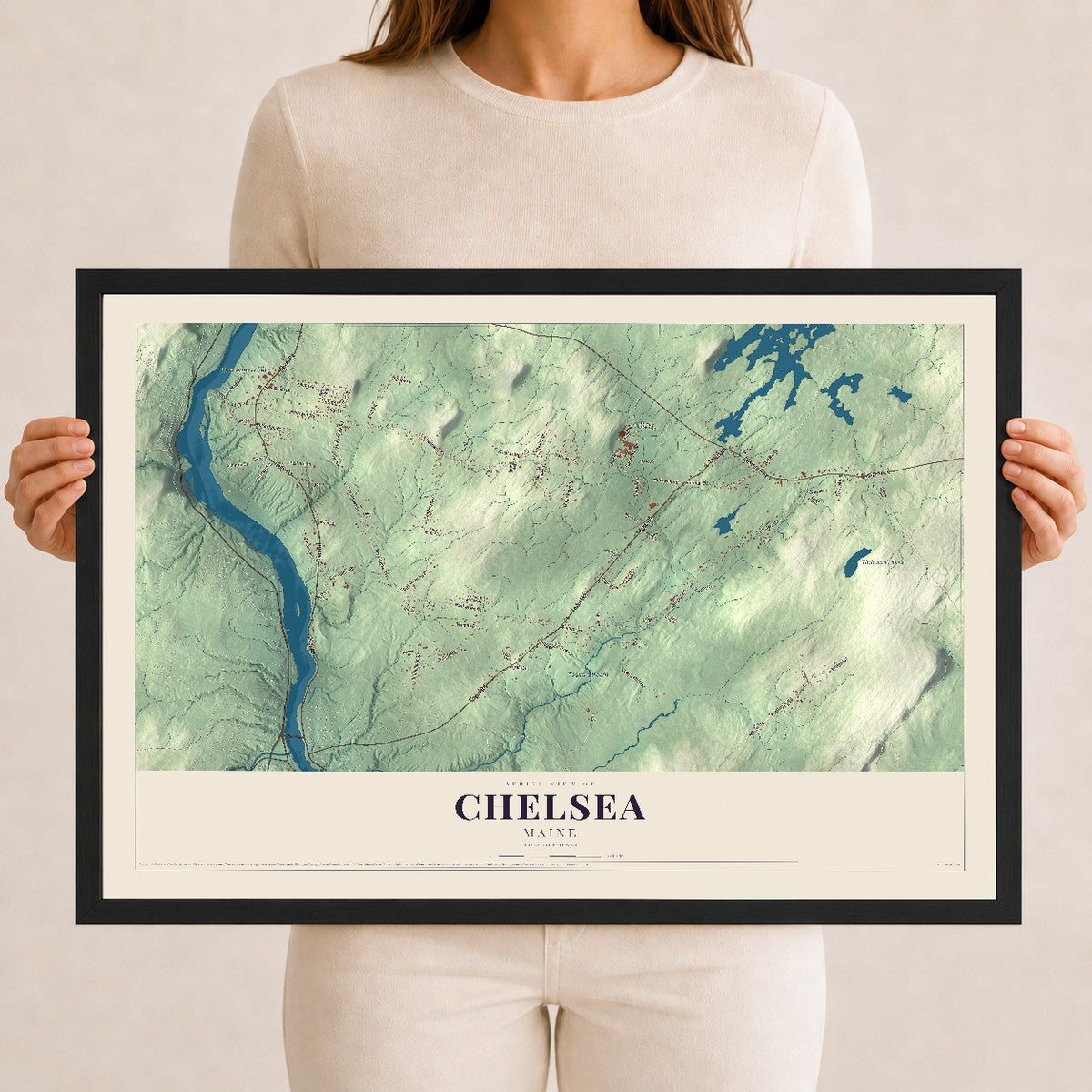 Chelsea, Maine map print - 12 x 18 black Ayous wood frame