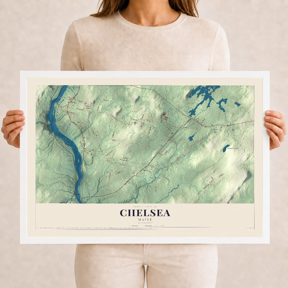 Chelsea, Maine map print - 12 x 18 white Ayous wood frame