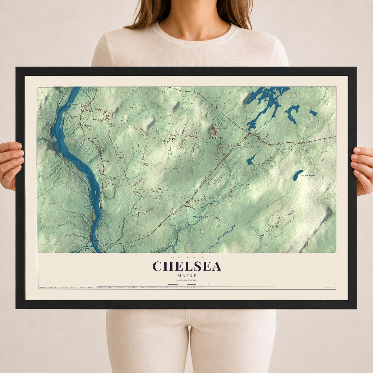 Chelsea, Maine map print - 18 x 24 black Ayous wood frame
