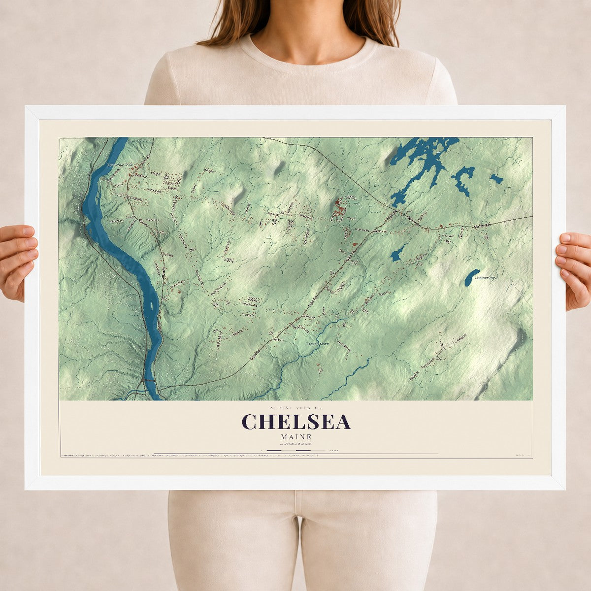 Chelsea, Maine map print - 18 x 24 white Ayous wood frame