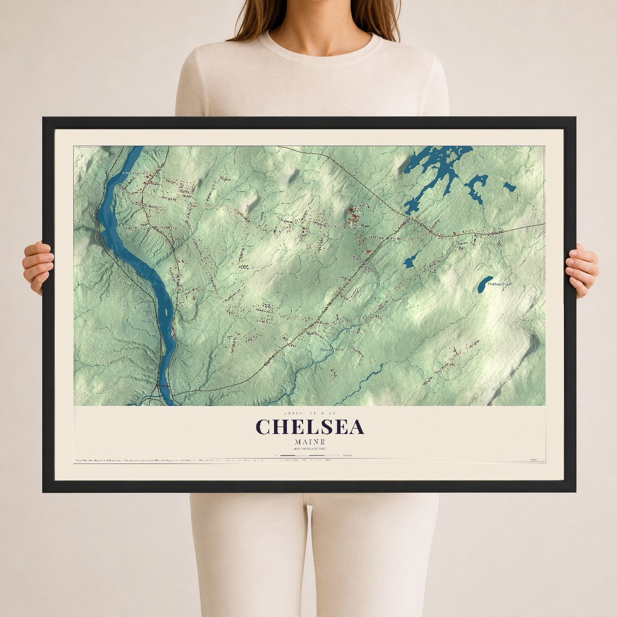 Chelsea, Maine map print - 24 x 36 black Ayous wood frame