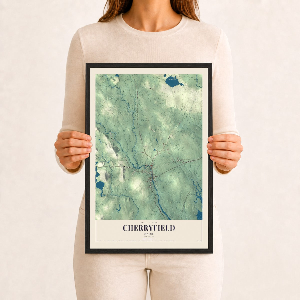 Cherryfield, Maine map print - 12 x 18 black Ayous wood frame