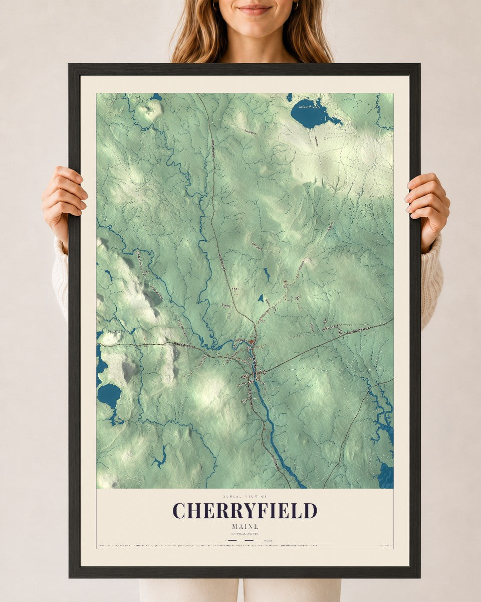 Cherryfield, Maine map print - 24 x 36 black Ayous wood frame