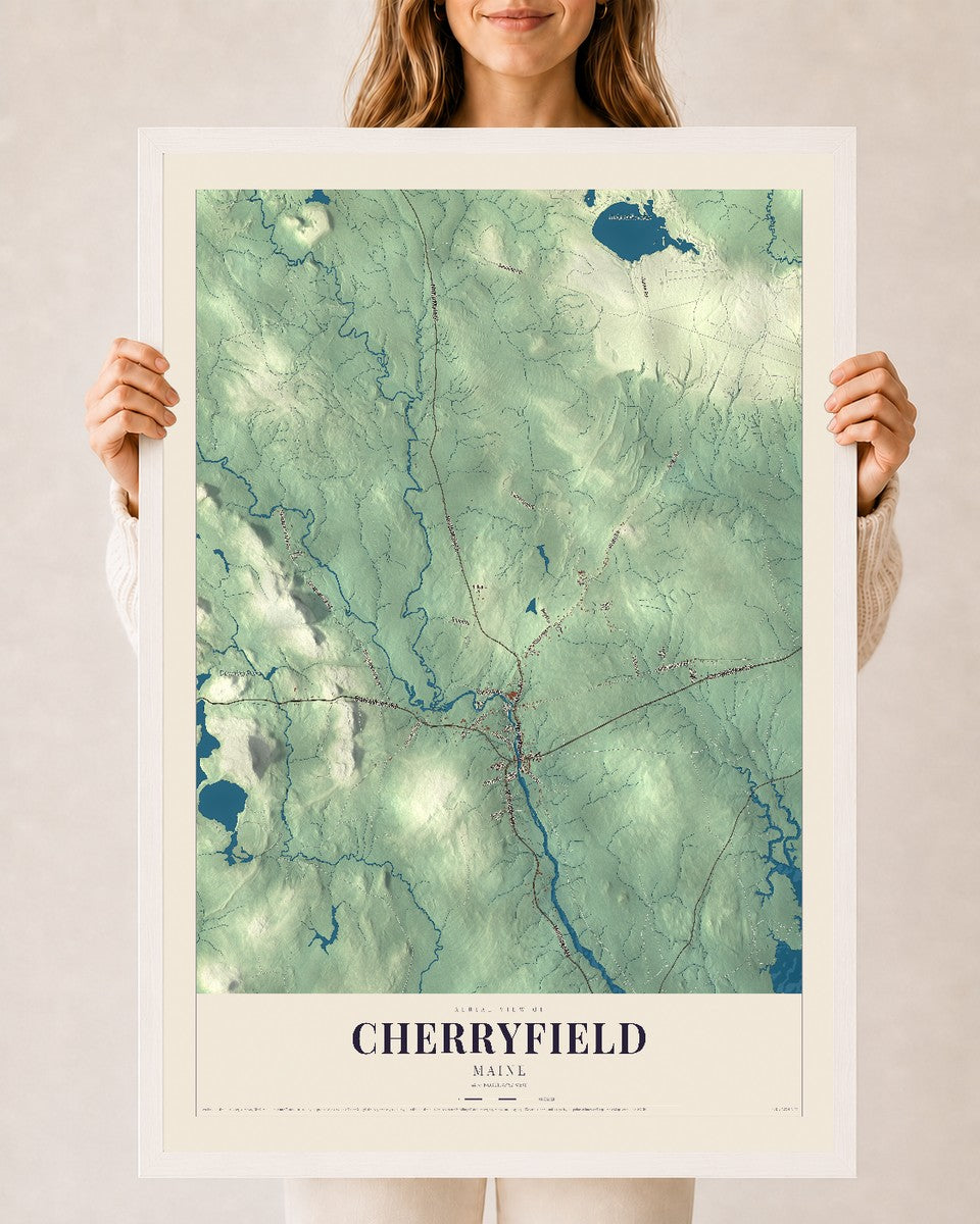 Cherryfield, Maine map print - 24 x 36 white Ayous wood frame