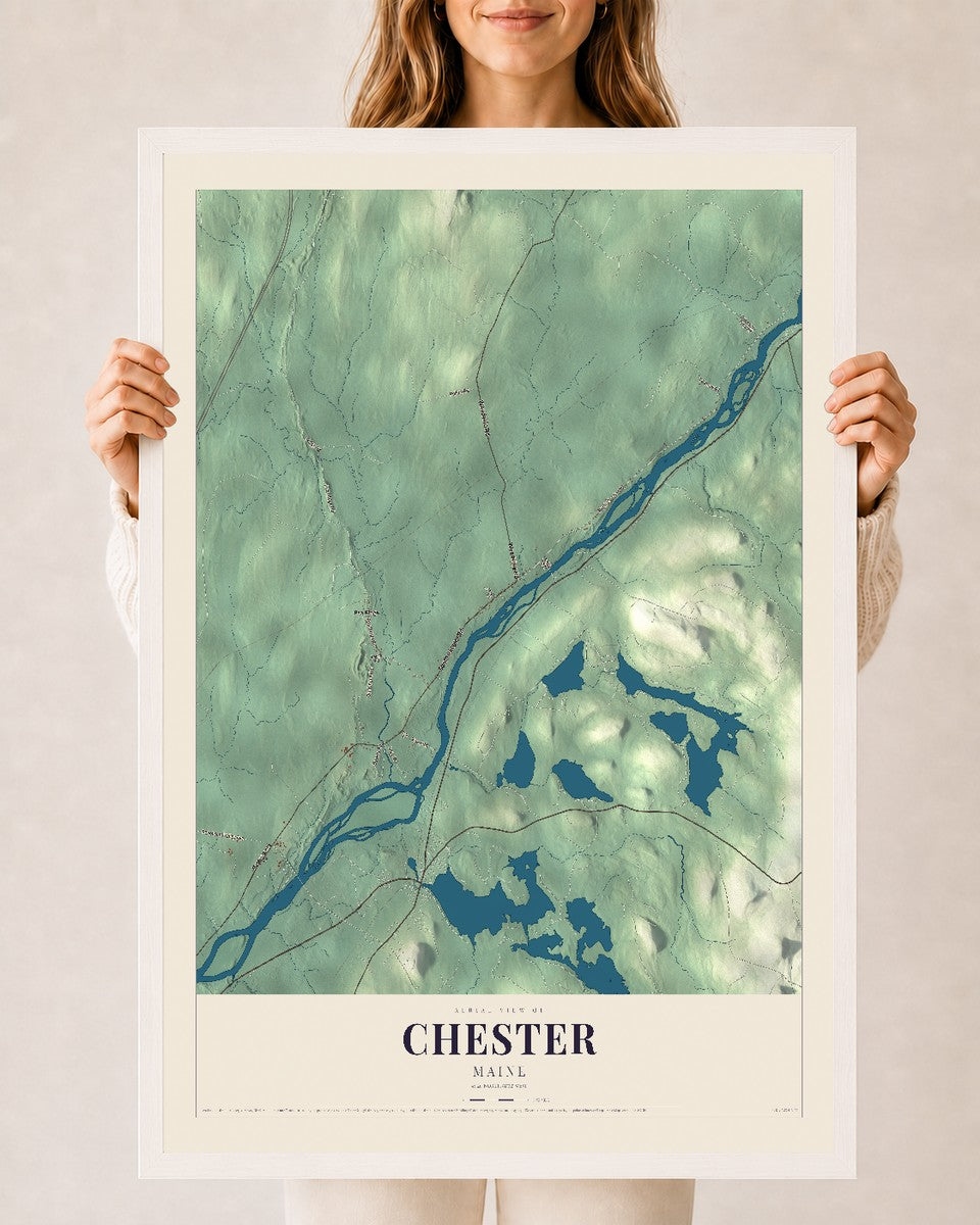 Chester, Maine map print - 24 x 36 white Ayous wood frame