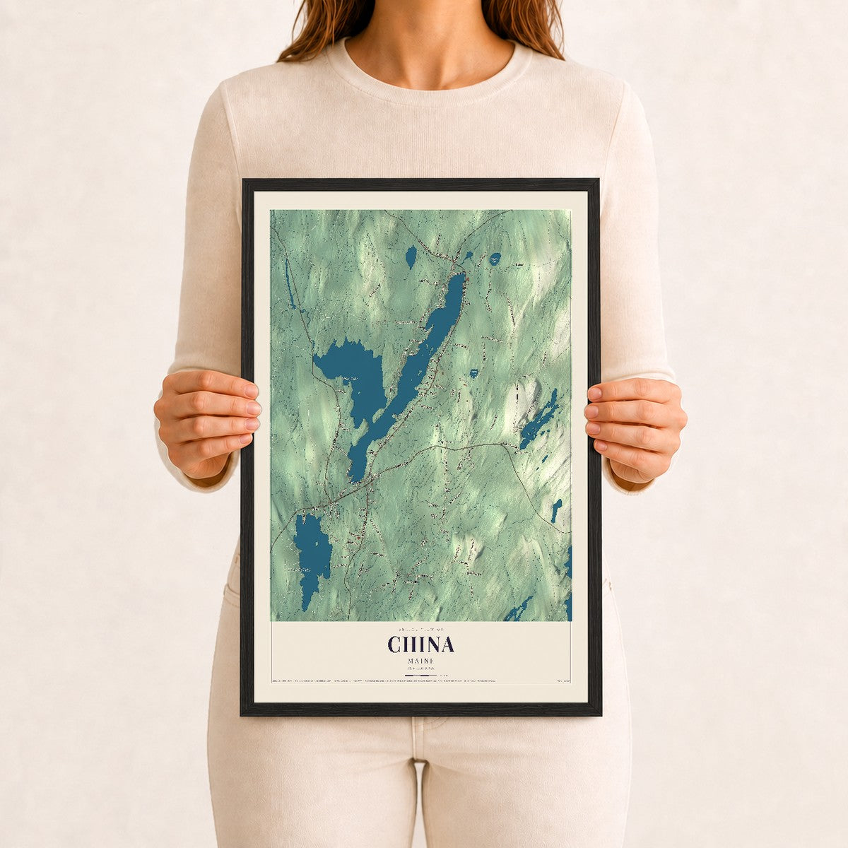 China, Maine map print - 12 x 18 black Ayous wood frame