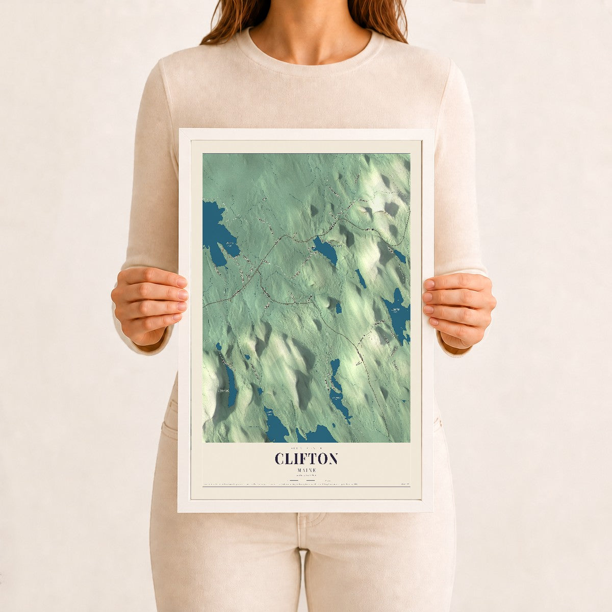 Clifton, Maine map print - 12 x 18 white Ayous wood frame