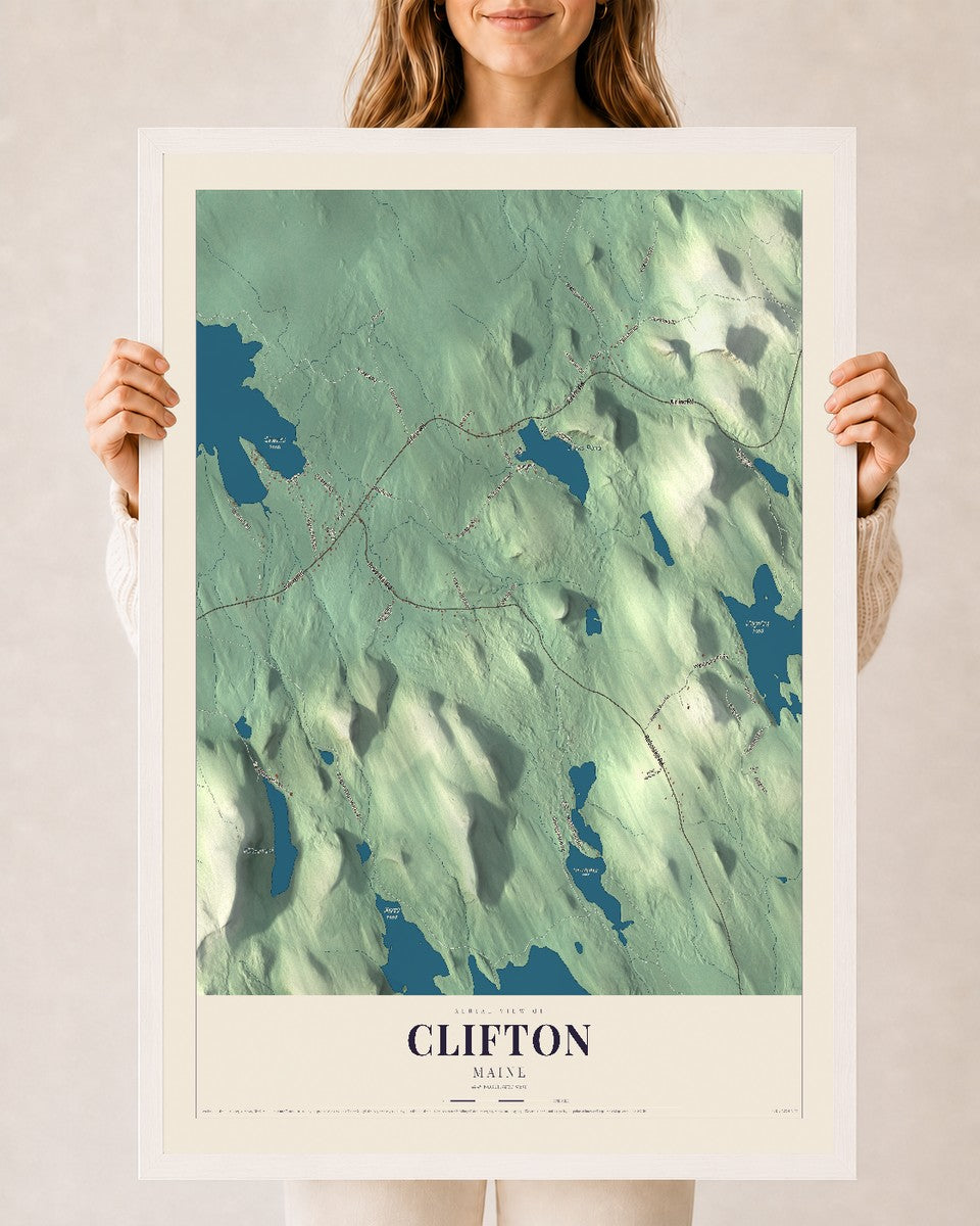 Clifton, Maine map print - 24 x 36 white Ayous wood frame