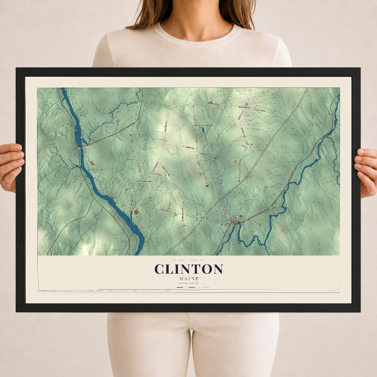 Clinton, Maine map print - 18 x 24 black Ayous wood frame