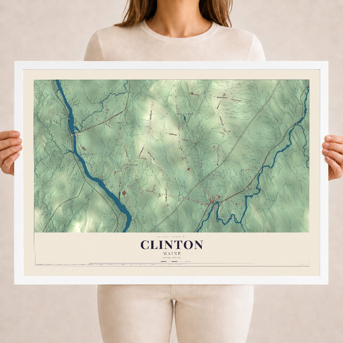 Clinton, Maine map print - 18 x 24 white Ayous wood frame
