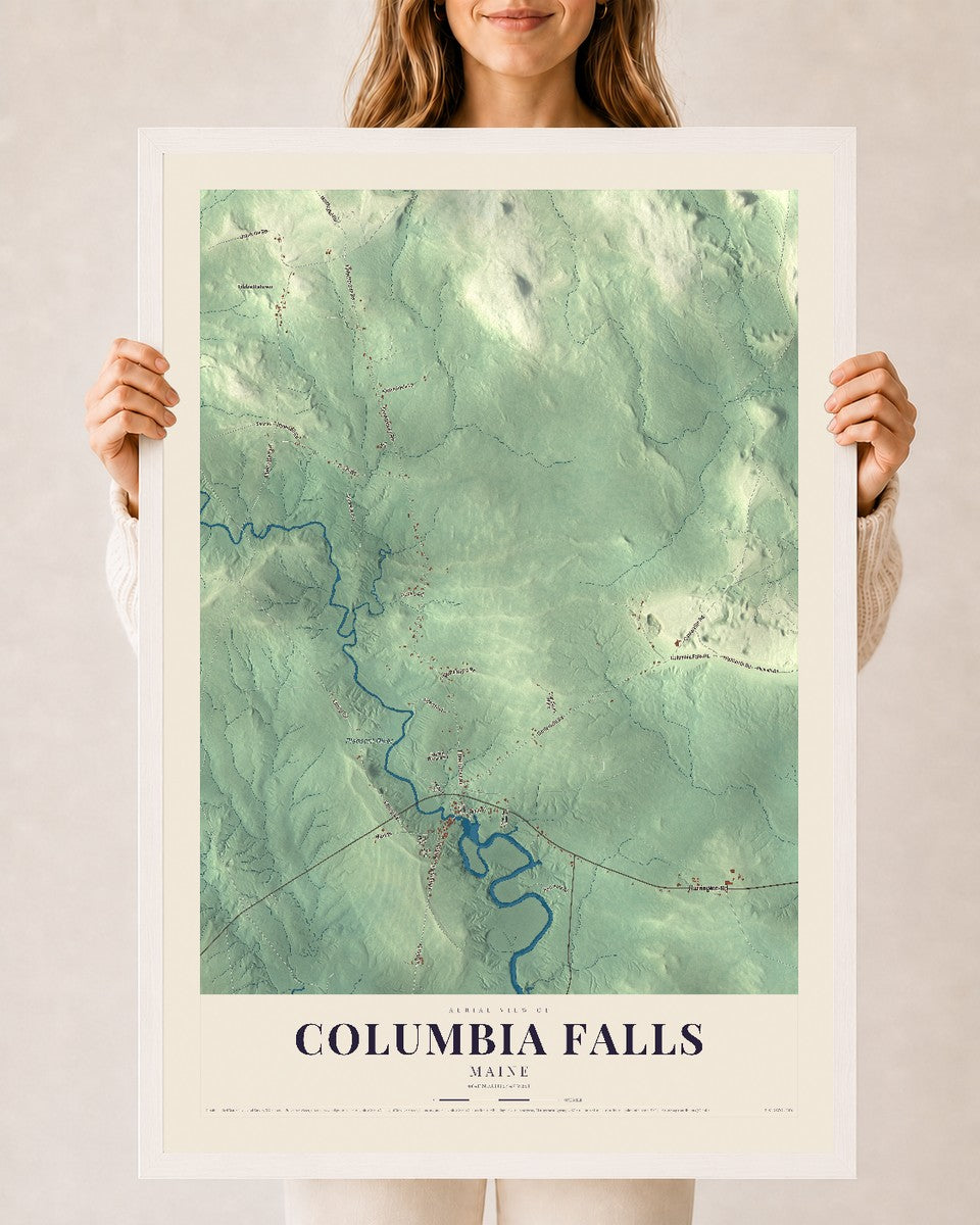 Columbia Falls, Maine map print - 24 x 36 white Ayous wood frame