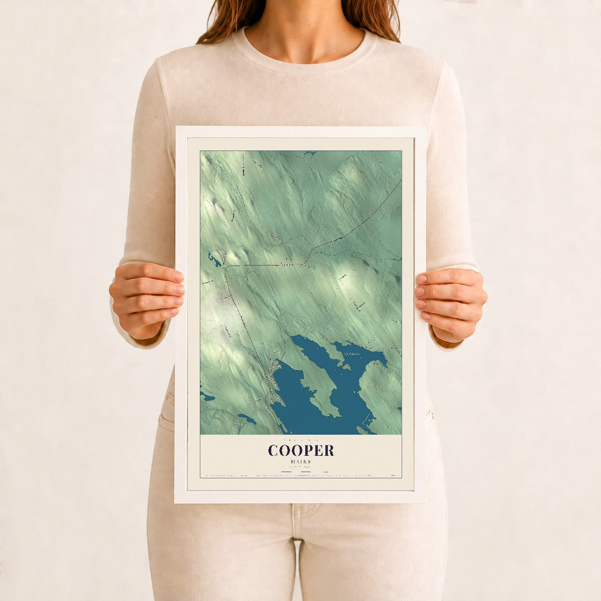 Cooper, Maine map print - 12 x 18 white Ayous wood frame