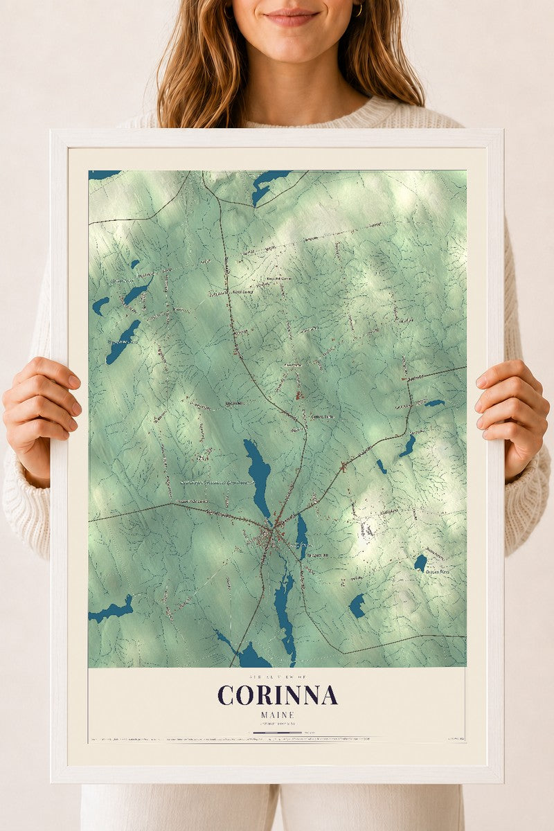 Corinna, Maine map print - 18 x 24 white Ayous wood frame