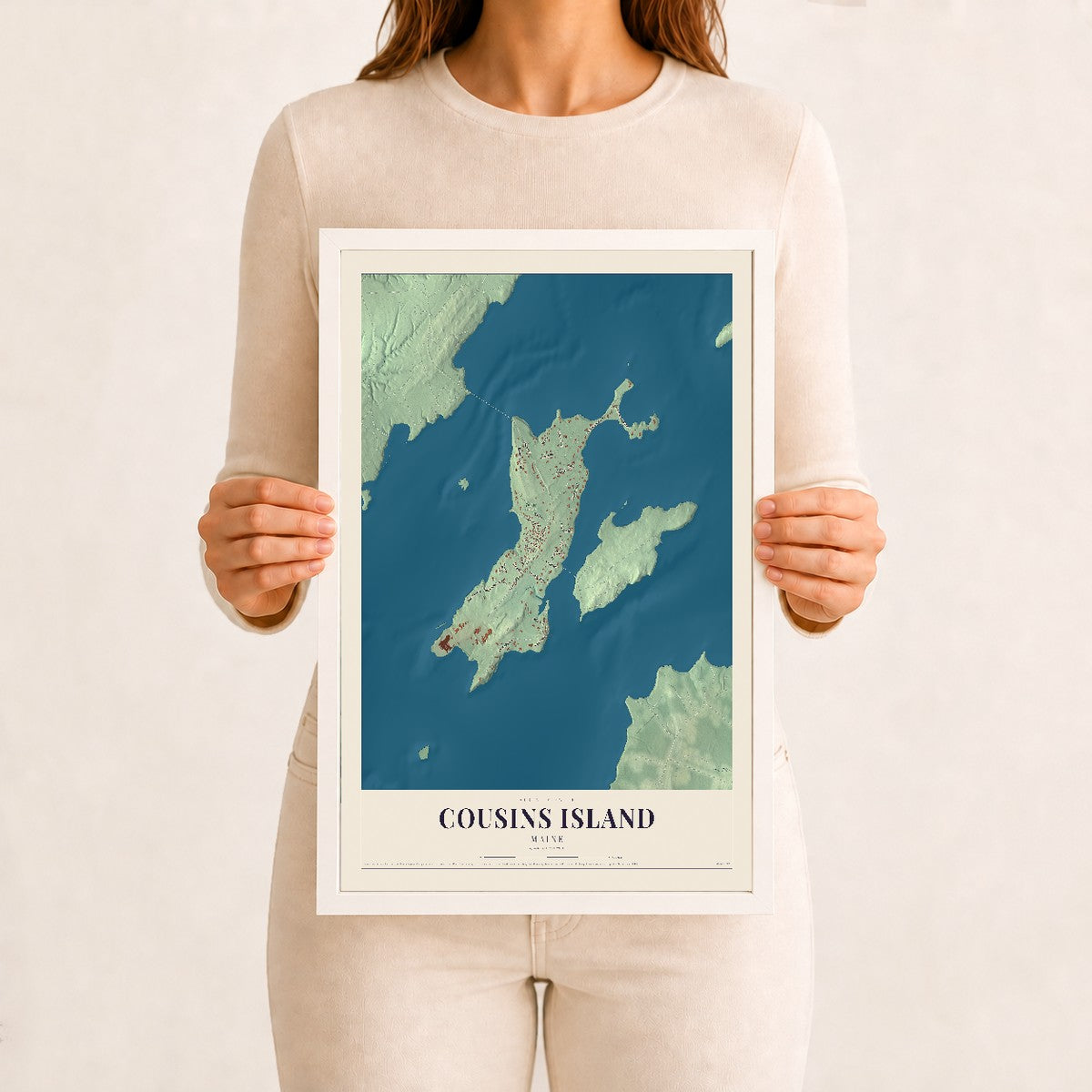 Cousins Island, Maine map print - 12 x 18 white Ayous wood frame