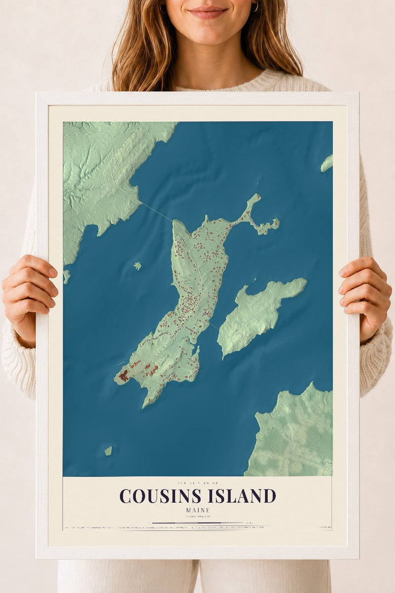 Cousins Island, Maine map print - 18 x 24 white Ayous wood frame