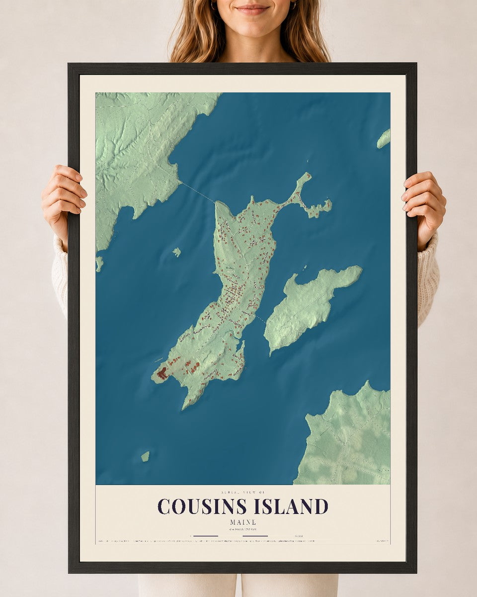 Cousins Island, Maine map print - 24 x 36 black Ayous wood frame